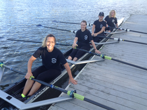 Photo courtesy Paula Cavalier The Kearny Oarsome Foursome, namely from l., Amy Beth Baptista, Cindy Springer, Paula Cavalier and Patti McCurrie, take to the Passaic River Saturday to race in the Fall Regatta. It was the first time the quartet of Kearny crew moms raced together.