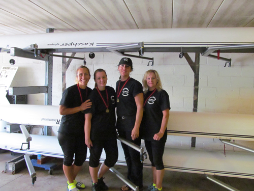 Photo courtesy Paula Cavalier From l., Kearny crew moms Amy Beth Baptista, Cindy Springer, Paula Cavalier and Patti McCurrie get together after racing for the first time as a crew team, namely the Kearny Oarsome Foursome