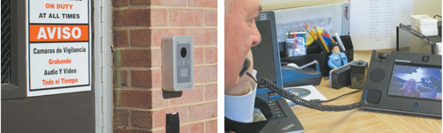 Photos by Ron Leir LEFT: Signs in English and Spanish posted outside schools caution that someone’s watching. RIGHT: Security Director Willliam Escott checks out a visitor on his video-phone.