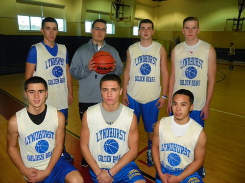 Photo by Jim Hague The Lyndhurst Golden Bears welcome a new head boys’ basketball coach in Paul Palek. Front row, from left, are Nunzio Gangi, Jake Estevez and Sergio Turelli. Back row, from l., are Patrick Dennehy, head coach Palek, Jonathan Hoff and Kyle Krzastek.