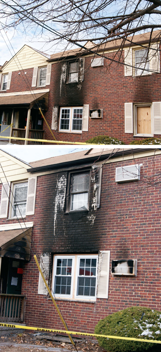 Photos by Karen Zautyk Melted shutters and blackened brick are testimony to Dec. 11 fire that displaced two families.