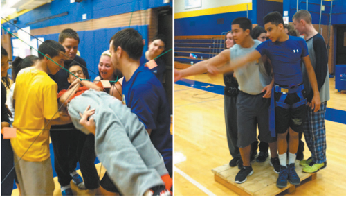 Photos courtesy Maryann Mulé Teamwork: At l., teens help guide fellow student through the “web” without touching any strings. At r., group uses swinging rope to move from one platform to another without touching gym fl oor.
