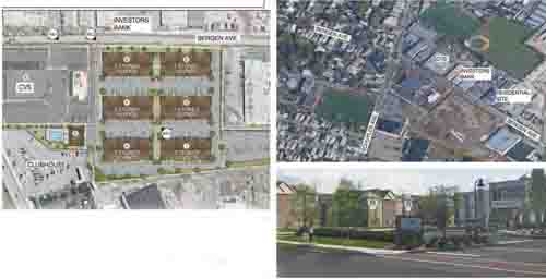 Images & rendering courtesy Russo Development Co. Clockwise, from l., schematic showing layout of six buildings comprising Schuyler Crossing; aerial view of site; and architect's vision of complex.