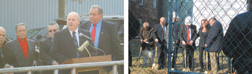 Photos by Ron Leir LEFT: Domus President John Westervelt (at microphone), flanked by Town Council members, to l., and Mayor Ray McDonough, (r.) welcomes guests to groundbreaking. RIGHT: Officials with ceremonial shovels at project site.