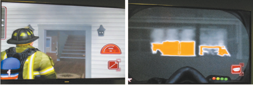 ABOVE LEFT: Software projects fi refi ghter about to enter house with smoke visible. RIGHT: Color-ind icated hot spots in smoky confi nes.