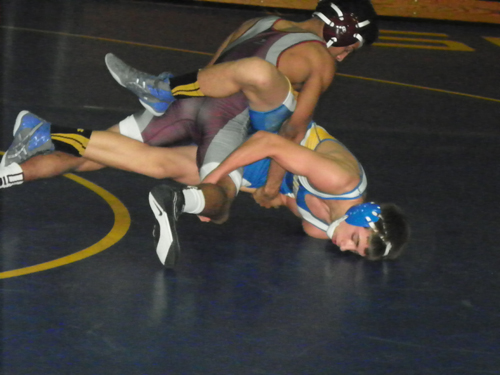 Photo by Jim Hague Lyndhurst/North Arlington senior 138-pounder Joey Morreale might be face first into the mat here Friday night at North Arlington, but the talented Morreale recovered to win via a pin over opponent David Lopez of Leonia/Palisades Park in 3:47. Lyndhurst/North Arlington won the rare match at North Arlington, 46-27.