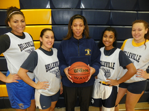 Photo by Jim Hague The Belleville girls’ basketball team looks to improve on its 10-win season a year ago. From l. are seniors Shatia Silas, Alisson Samaniego, head coach Liz Ramirez, Amber Bulna and Chloe Mecka.