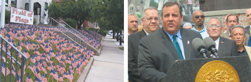 At l., Lyndhurst’s St. Michael the Archangel Church displays the “Field of Flags” tribute to fallen heroes. At r., Gov. Chris Christie with Mayor Ray McDonough at ceremonial groundbreaking for upgrade of Harrison PATH station.