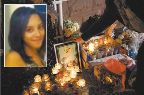 Candles and fl owers placed by friends and strangers at the home of murder victim Alishia Colon (inset).