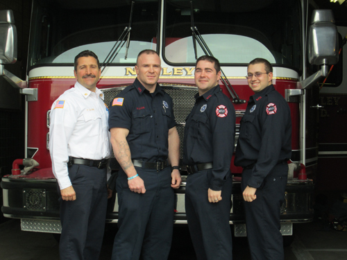 Photo by Ron Leir The new recruits at Nutley Fire Headquarters with Deputy Chief Paul Cafone. From l.: Cafone and Firefighters Ray Lucas, Michael Ferraro and Alan Nardiello.