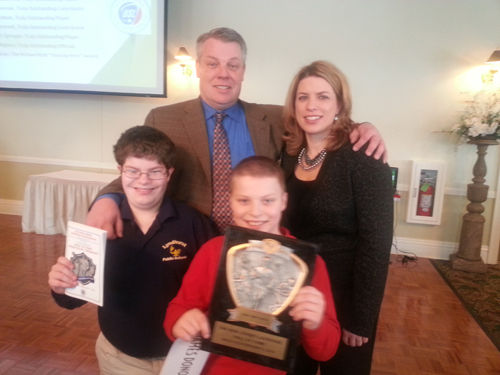 Photo courtesy of the Donovan family Lyndhurst resident Jim Donovan is proud to be among the newest members of the New Jersey Lacrosse Hall of Fame. Donovan is seen here with his wife Maria and sons Campbell and Aiden. Donovan was one of eight people inducted into the Hall of Fame last week.