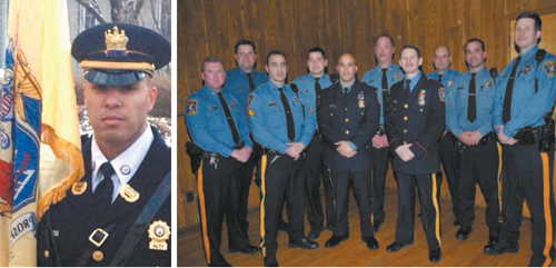 courtesy KPD LEFT: Det. Michael Gonzalez; RIGHT: Det. Gonzalez with Chief John Dowie and fellow officers at 2009 presentation at American Legion hall.