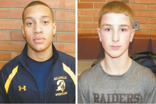Photos by Jim Hague Belleville’s Jordan Greene (l.) won the 160-pound gold medal at District 14. Greene has been a steady influence on a young Belleville team that finished third at the district championships. Nutley’s Robert Duxbury (r.) won the 106-pound championship at District 14. Duxbury wasn’t even a regular on the varsity last year and now has 29 wins and a district gold medal this season.