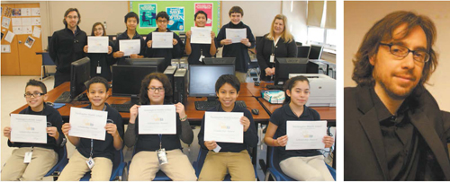 Left photo courtesy Michael Landy; right photo courtesy Steven Fink LEFT: Washington School students display scholarship certifi cates. In front row, from l., are: Jamie Diaz, Marvin Acuna Jerez, Aaron El Hassani, Luis Sobrino and Susan Perea. Standing, from l., are: instructor Steven Fink, Natalie Giummara, Justin Cai, Kane Montan, Alejandro Chavez, Russell Kennedy and teacher Eileen
