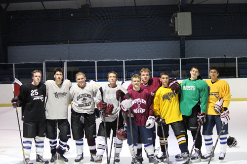 Photo courtesy Nutley hockey The senior members of the Nutley High School ice hockey team get together after one last practice together. From l. are Timothy Render, Justin Souza, Brian Parigi, Eric Fisher, Jake Giordano, Michael Conca and Richie LaFiura. Matt Apito and Matt Basile are pictured here, but did not finish the season with the team.