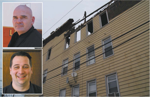 A January 2013 blaze caused a structural collapse at this Devon St. house, trapping several fi refi ghters, who were rescued by KFD members Andrew O’Donnell (top) and Michael Janeczko.