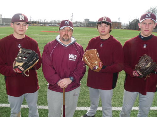 Photo by Jim Hague The Nutley baseball team hopes to have an excellent season, thanks to a deep pitching staff. From l. are Nick Lianci, head coach Bob Harbison, Kyle Cresci and Michael Meechan.
