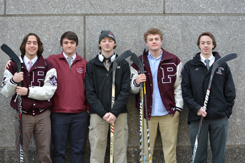 Photo courtesy of the Fearon family From l., Augie Burkhardt, Robbie Mahon, Ryan Pezzolla, J.T. Fearon and Sam Burkhardt are all local residents who have helped the St. Peter’s Prep hockey program become one of the best high school programs in New Jersey. Mike Zdanowicz, not pictured, but another local member of the Marauders.