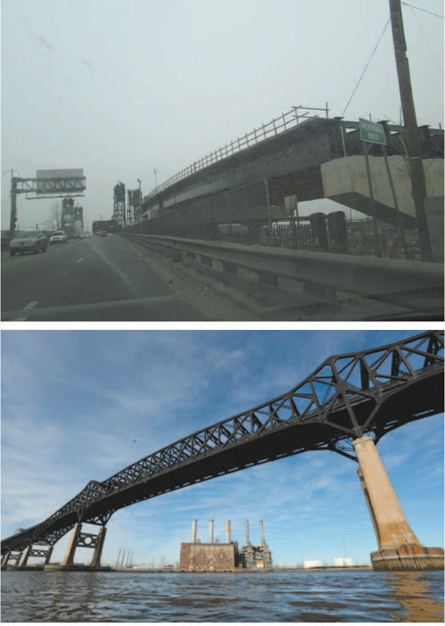 Top photo by Ron Leir, bottom courtesy nj.com Construction of new Hackensack River Bridge (top) is progressing while repairs to Pulaski Skyway should start in a few weeks.