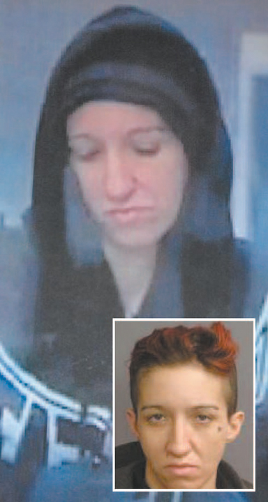 Main photo courtesy Harrison PD Inset photo courtesy Newark PD Bank security photo. Inset: Police mug shot of bank suspect Valeria Parziale