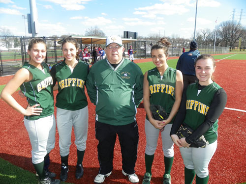 Photo by Jim Hague The Queen of Peace softball team is spearheaded by the play of its senior captains. From l. are Nikki Sammartino, Melissa Gallo, head coach George Steel, Gabby Lombardozzi and Raychel Piserchia.