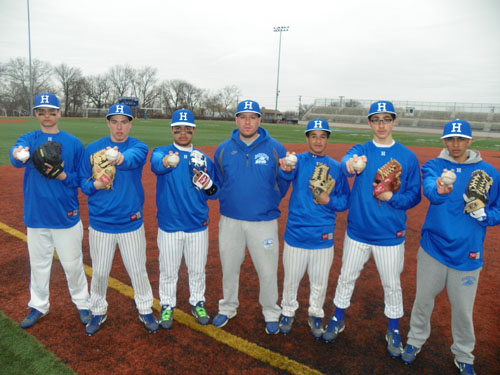 Photo by Jim Hague The Harrison baseball team will go as far as the team’s deep pitching staff will carry them. From l. are Tommy Dolaghan, Josh Williams, Sebastian Sanchez, head coach Jairo Mendez, Moises Roque, Markis Valentin and Kishan Patel.