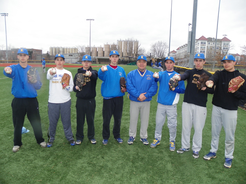 Photo by Jim Hague The Lyndhurst baseball team will try to make veteran head coach Butch Servideo’s final season a memorable one. Servideo, who is retiring after this season, likes his pitching staff, which consists of, from l., Jonathan Ferrer, Nicholas Romito, Danny Tallent, Nolan Kelly, head coach Servideo, Michael Polito, Patrick Dennehy and Jordan Lopez. Not pictured is Paul Minervini.