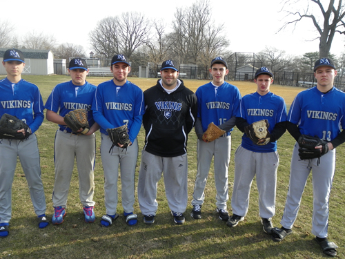 Photo by Jim Hague The North Arlington baseball team will count on a young pitching staff. From l. are Mark Cunningham, Christian Castro, Joel Silva, head coach Paul Marcantuono, Brian Costello, Tim Ford and Ryan McKenna.