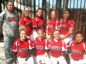 Photo by Jim Hague
The Kearny High School softball team recently enjoyed a 10-game winning streak that pushed the Kardinals to the top
of the HCIAL standings. Kneeling, from l., are seniors Spiridoula Dimou, Gabriella Robles, Lacey Burton and Sandra Lopez.
Standing, from l., are head coach Jimmy Pickel, Kelly Wilkinson, Elizabeth Marflak, Nicole Kelly and Amanda Seda.