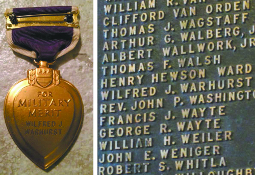 Left photo courtesy Army Capt. Zachariah Fike; right photo by Ron Leir Pvt. Wilfred J. Warhurst’s lost medal (l.) and the veteran’s name (r.) listed on a list of hero veterans on a bronze table in the Kearny Town Hall lobby.