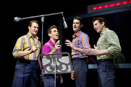 Photos courtesy Joan Marcus Matt Bogart (Nick Massi), Dominic Scaglione Jr. (Frankie Valli), Drew Gehling (Bob Gaudio) and Andy Karl