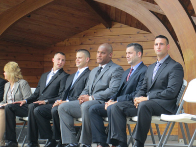 Photos by Ron Leir The five recruits, from l., Nicholas Abruscato, Joseph White, Nolan James, Michael Giangeruso and Matthew Giunta wait to be sworn in.