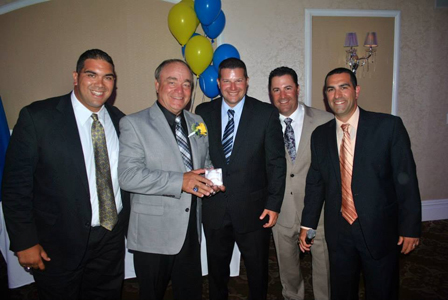 Photo courtesy Michael Rizzo Servideo with the organizers of his retirement party last week at the Fiesta in Wood-Ridge. From l., are football coach Rich Tuero, Servideo, athletic director Jeff Radigan, new head baseball coach Patrick Auteri and vice-principal Michael Rizzo.