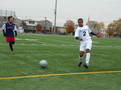 Photo by Jim Hague Harrison defender Hector Lago (2) moves towards the ball during the Blue Tide’s 2-0 win over Secaucus in the NJSIAA North Jersey Section 2, Group I championship game last week.