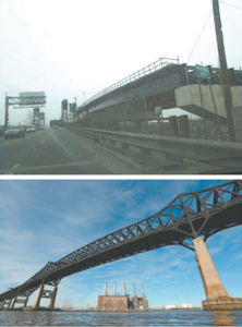 Work continued on a replacement for the Wittpenn (Rt. 7) Bridge linking Kearny and Jersey City (top) and repairs to the Pulaski Skyway (bottom) proceeded with the closing of northbound traffic.