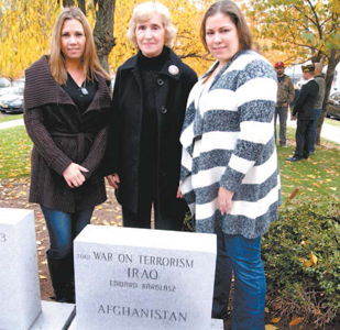 Newest addition to Kearny’s Monument Park is a memorial to the War on Terrorism and honoring Staff Sgt. Edward Karolasz, whose mother Krystyna Karolasz (c.), and sister Kristine Lancha (l.) and Donna Kornas attended the dedication.